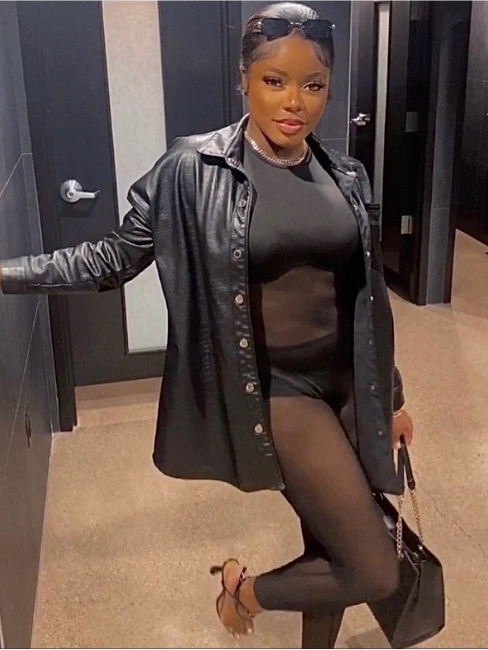 Black Croc Vegan Leather Button-Front Shirt Jacket